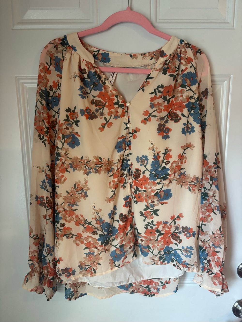 ePretty Cream Blouse with Blue & Coral Floral Print